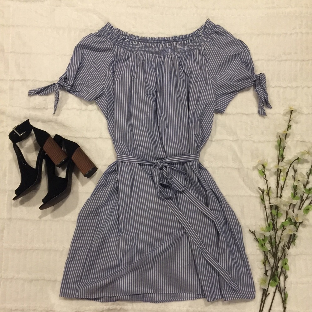 Adorable Off Shoulder, Tie Sleeve, Belted Dress